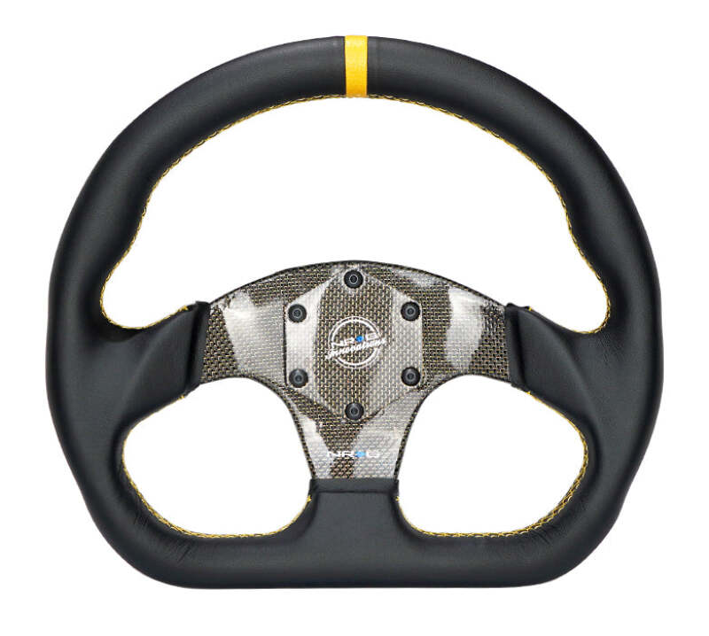 NRG Carbon Fiber Flat Bottom Steering Wheel (320mm) Yellow CF Center w/Yellow Stitch/Yellow Mark