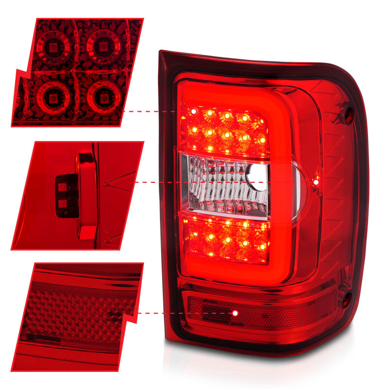 ANZO 2001-2011 Ford Ranger LED Tail Lights w/ Light Bar Chrome Housing Red/Clear Lens