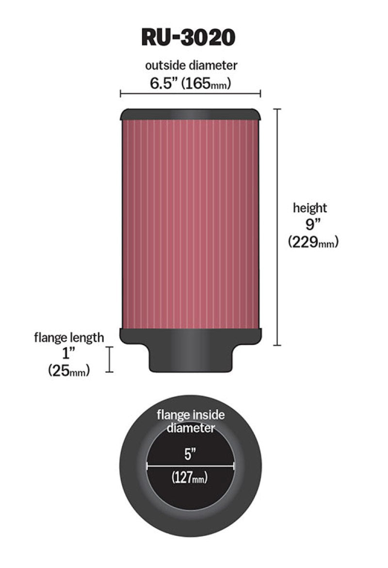 K&N High-Flow Original Universal Air Filter 2 1/4" 10 Degree Flange 16 1/4" x 4" - 4 1/2" H RU-3020