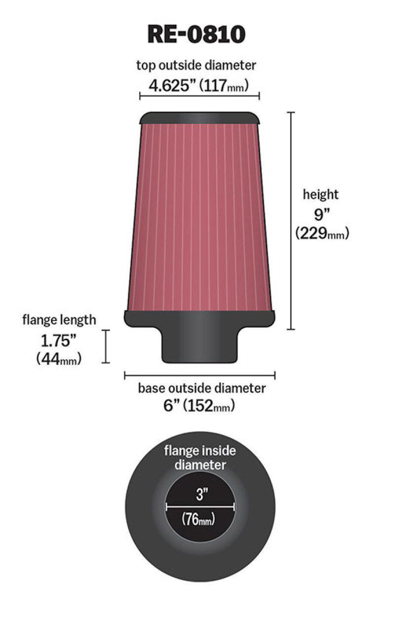 K&N High-Flow Original Universal Rubber Air Filter 3"FLG, 6"B, 4-5/8"T, 9"L RE-0810