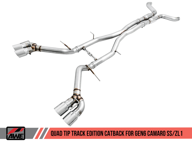 AWE Tuning Non-Res Cat-Back Exhaust Track Edition Quad Chrome Silver Tips for Chevy Camaro SS 3020-42066