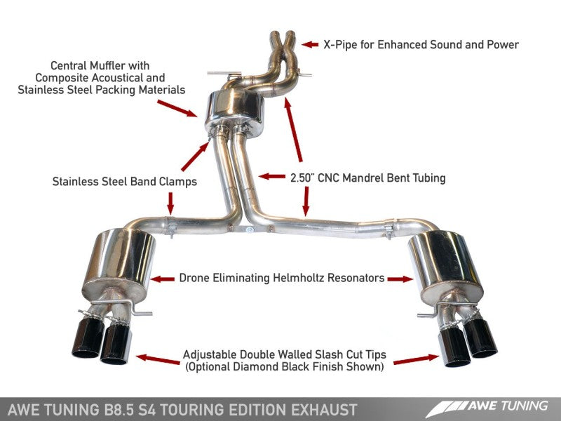 AWE Tuning Touring Edition Exhaust for Audi B8 S4 3.0T - 102mm Chrome Silver Tips 3010-42016