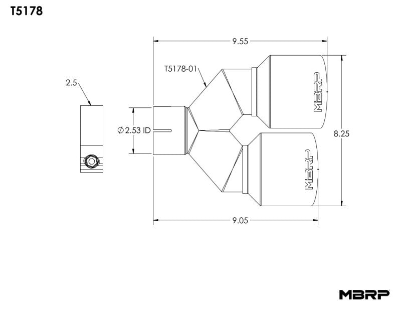 MBRP 4" OD, 2.5" Inlet 9.55" length, Single wall, Driver's Side Universal T304 SS Dual Tip T5178