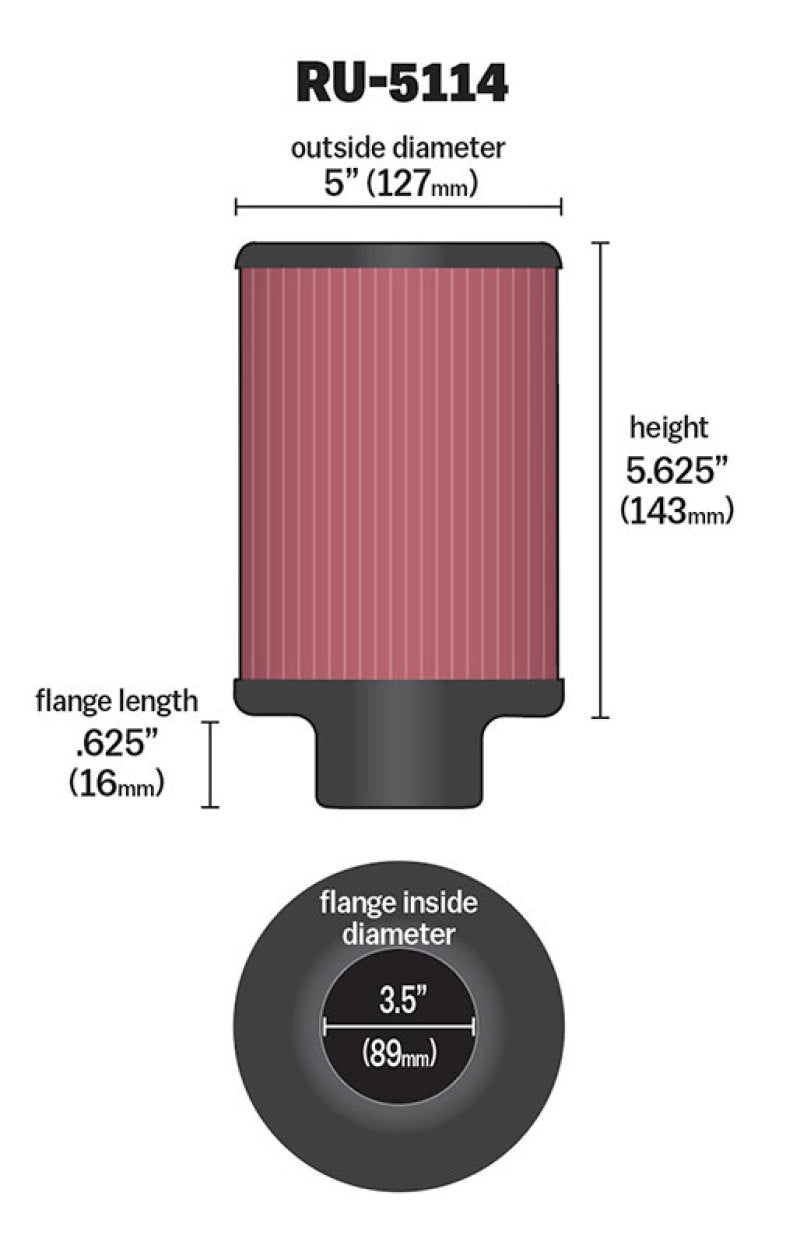 K&N High-Flow Original Universal Rubber Air Filter 3.5"FLG ID x 5"OD x 5.625"H RU-5114