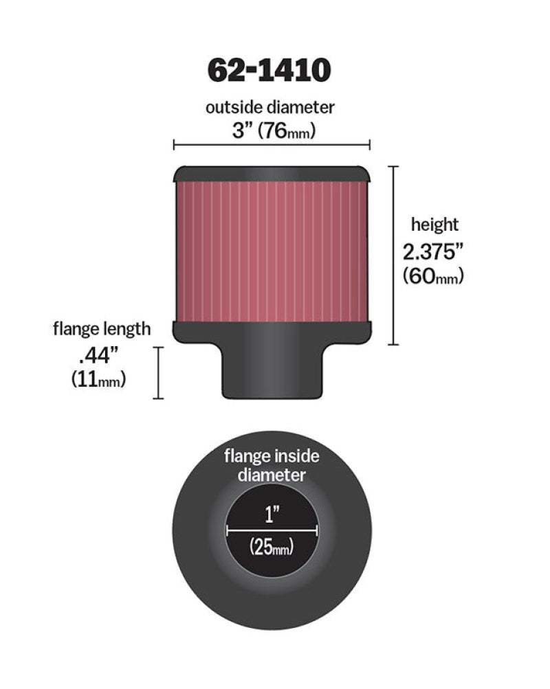 K&N Crankcase Vent/ Breather Air Filter - Clamp-on, Rubber Base 1"ID 3"OD 2.375"H 62-1410