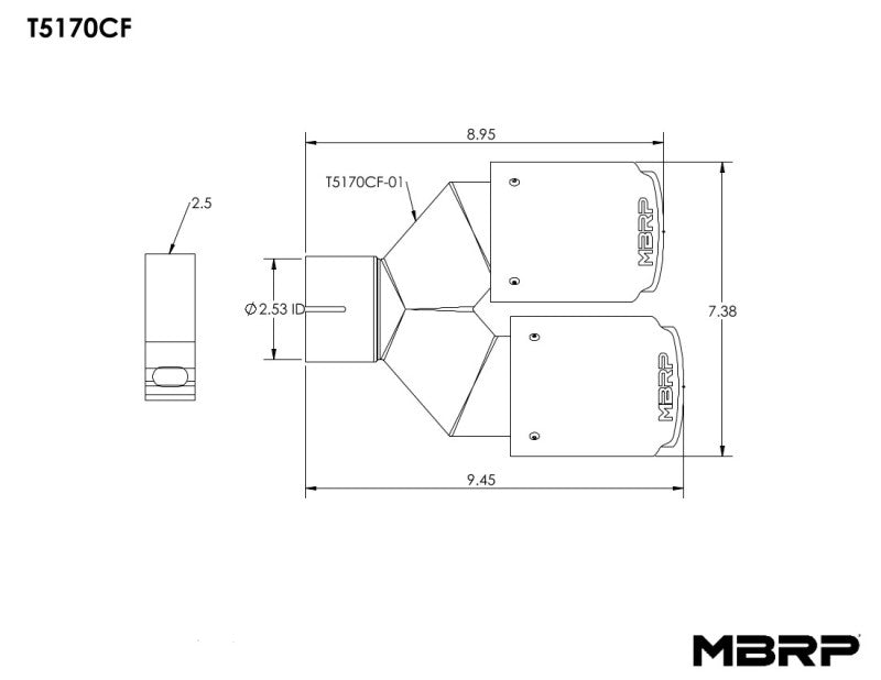 MBRP 3.5" OD/2.5" Inlet 9.45" length Single Wall Universal Carbon Fiber Dual Tip T5170CF