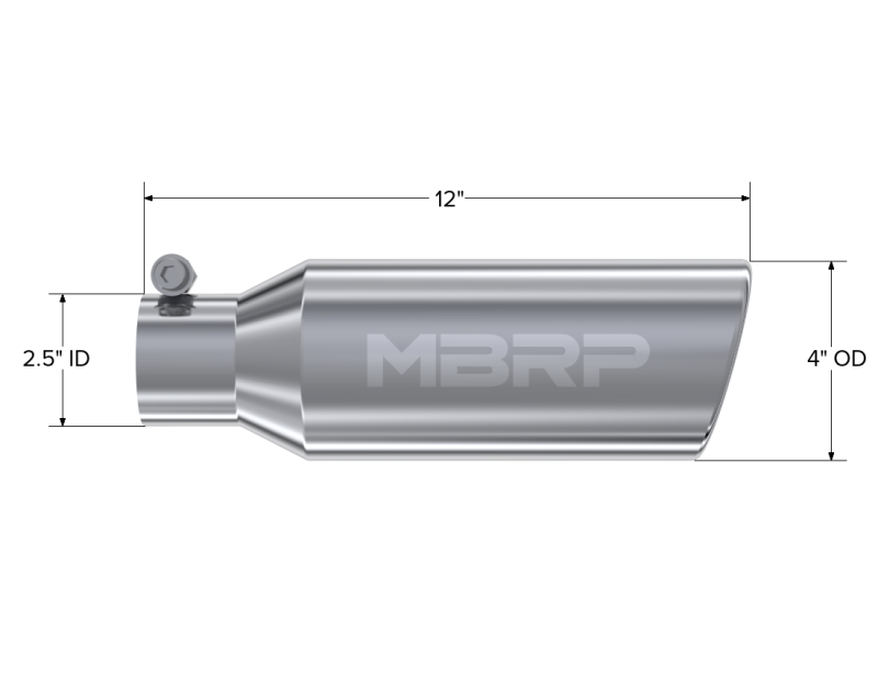 MBRP 4"OD 2.5" Inlet 12"Length Angled Cut Rolled End Clampless No-Weld T304 Universal Tip T5150