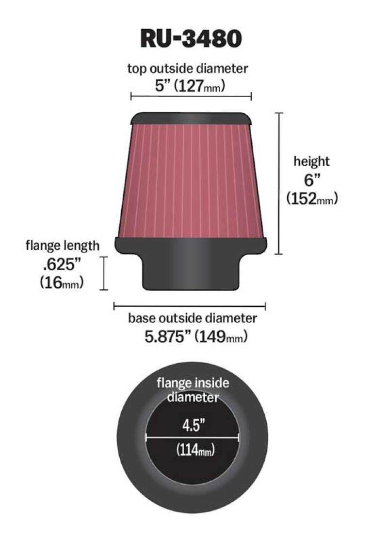 K&N High-Flow Universal Rubber Air Filter  4-1/2"FLG, 5-7/8"B, 5"T, 6"H RU-3480