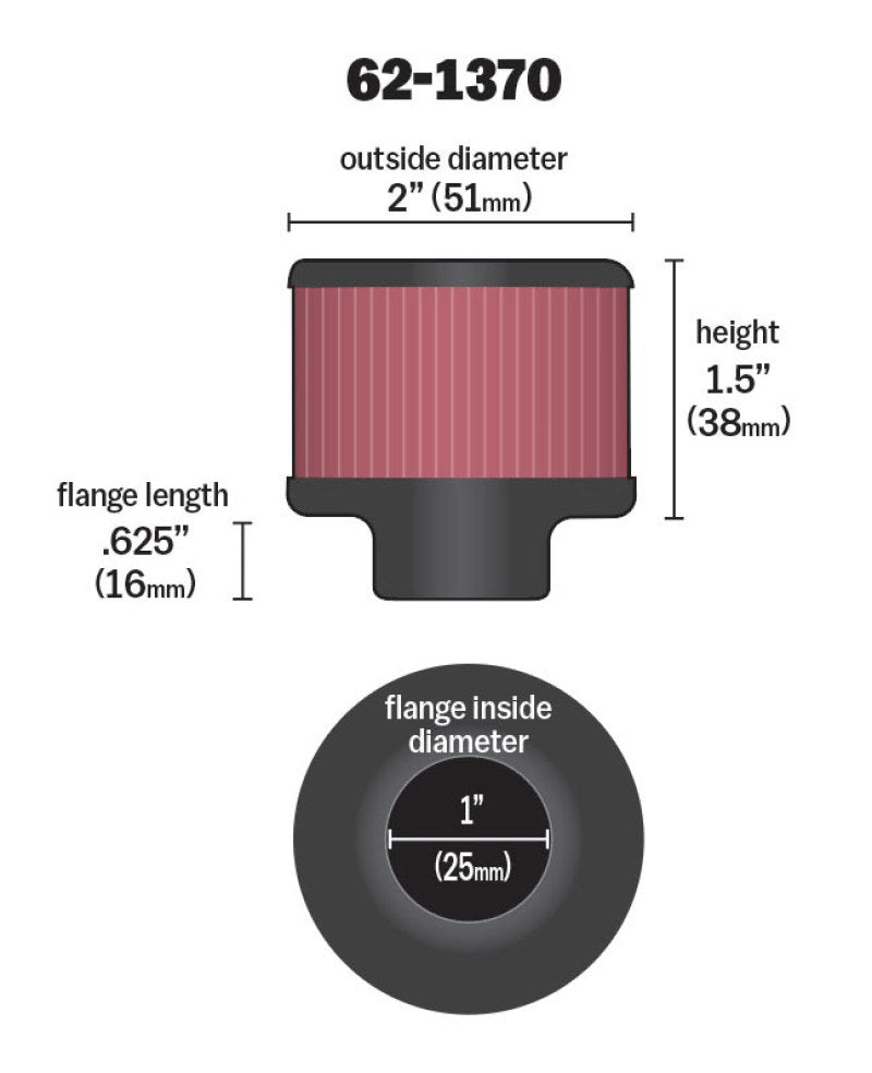 K&N  Crankcase Vent/ Breather Air Filter - Clamp-on, Rubber Base 1"Flange ID x 2"OD x 1.5" H 62-1370