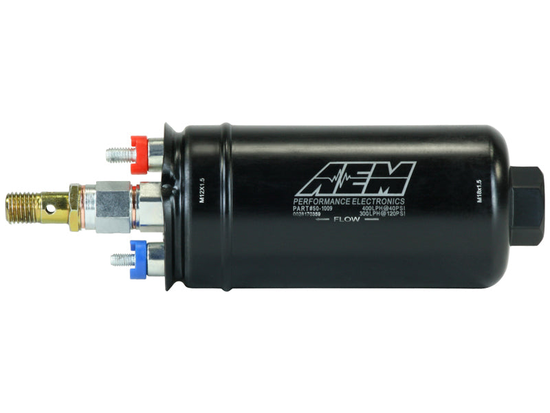 AEM 400LPH High Pressure Flow Inline Fuel Pump - M18x1.5 Inlet to M12x1.5 Outlet - 50-1009