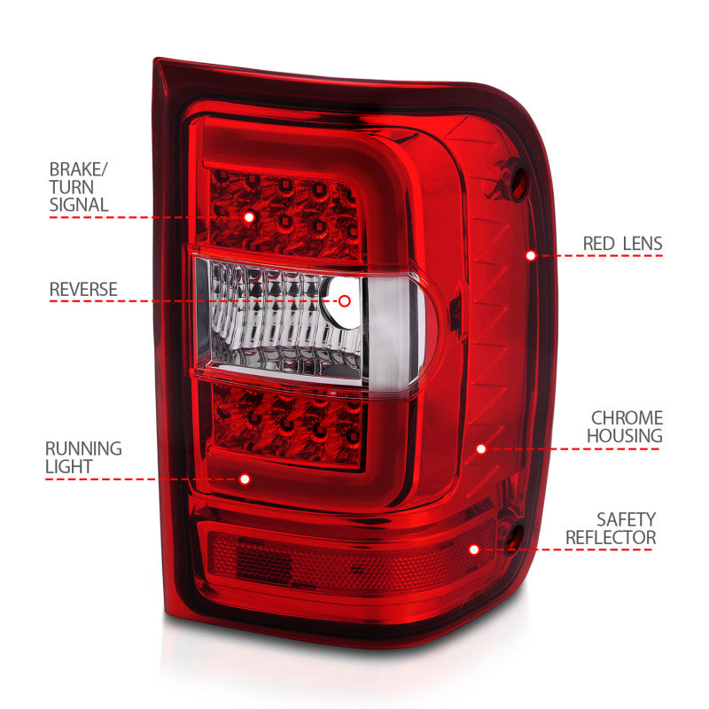 ANZO 2001-2011 Ford Ranger LED Tail Lights w/ Light Bar Chrome Housing Red/Clear Lens