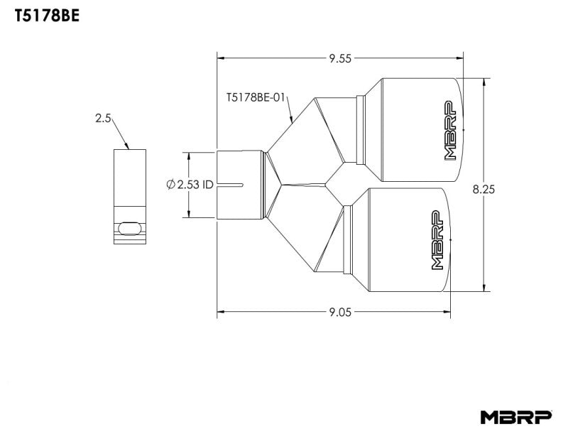 MBRP 2.5" ID Dual 4" OD Out 9.5" length Dual Wall T304 SS Driver Side Burnt End Tip - T5178BE