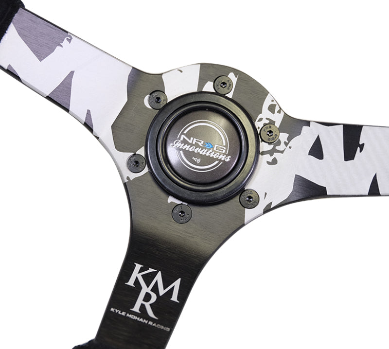 NRG Reinforced Steering Wheel (350mm / 3in. Deep) Blk Suede w/Color Stitch (Kyle Mohan Edition)