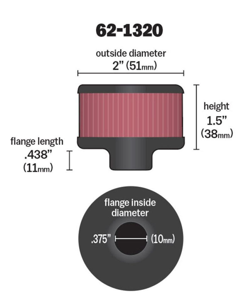 K&N Clamp On Crankcase Vent/ Breather Air Filter, Rubber Base 0.37"Flange ID x 2"OD x 1.5"H 62-1320