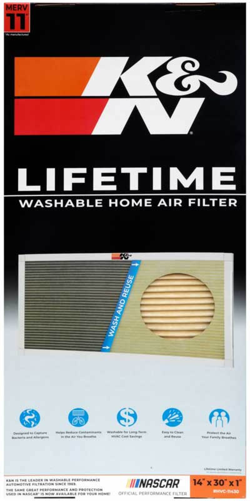 K&N HVAC Filter, Washable Home Air Filter - 14 X 30 X 1, MERV 11 HVC-11430