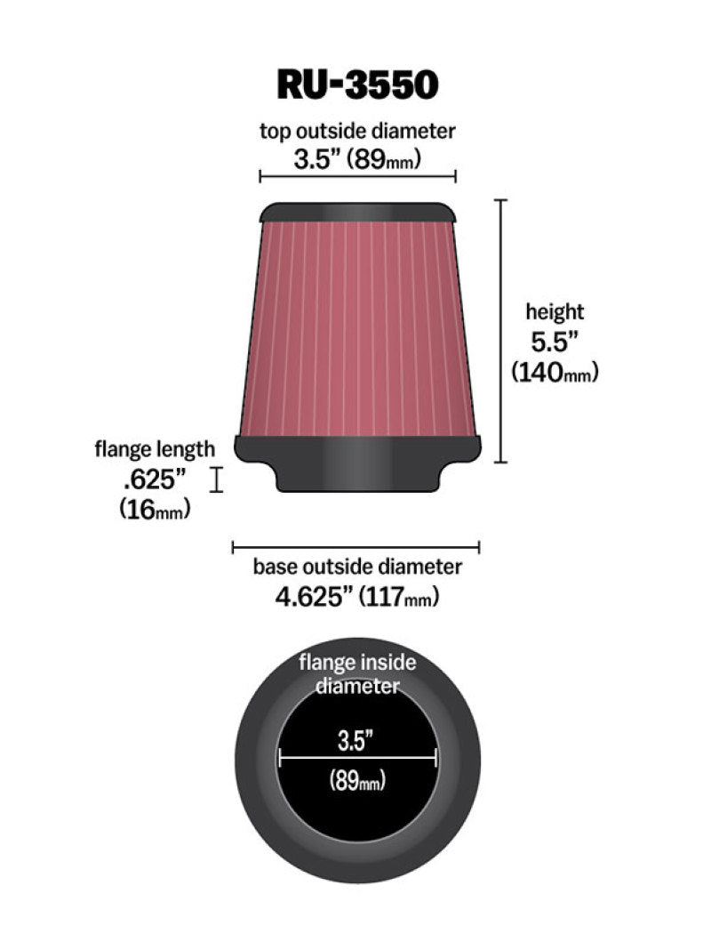 K&N 3-1/2"FLG, 4-5/8"B, 3-1/2"T, 5-1/2"H High-Flow Original Universal Rubber Air Filter - RU-3550