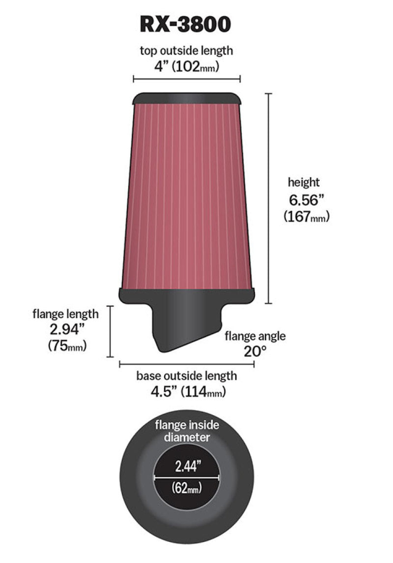 K&N 2.43"20 DEG FLG, 4.5"B, 4"T, 6.12"H, X-STREAM High-Flow Original Universal Air Filter - RX-3800