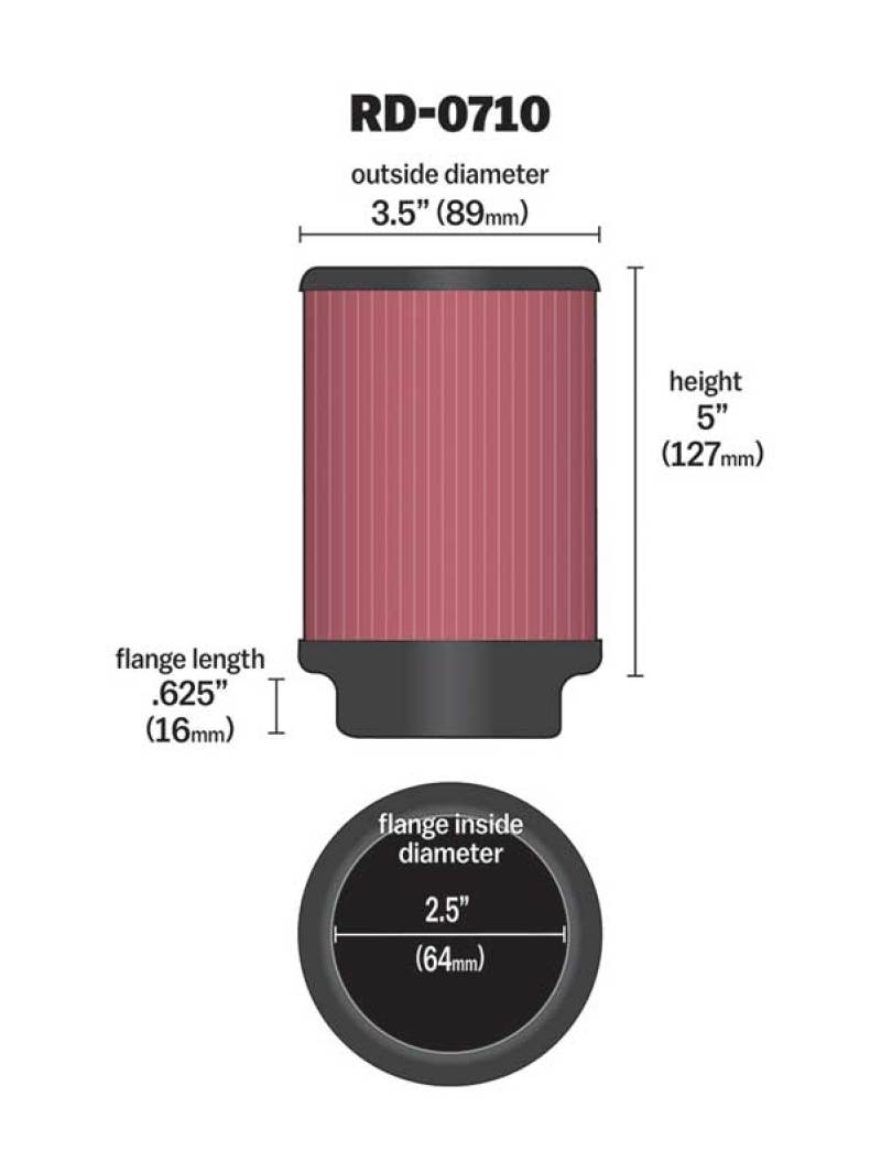 K&N High-Flow Original Universa Rubber Air Filter 2.5" Flange ID x 3.5" OD x 5" Height RD-0710