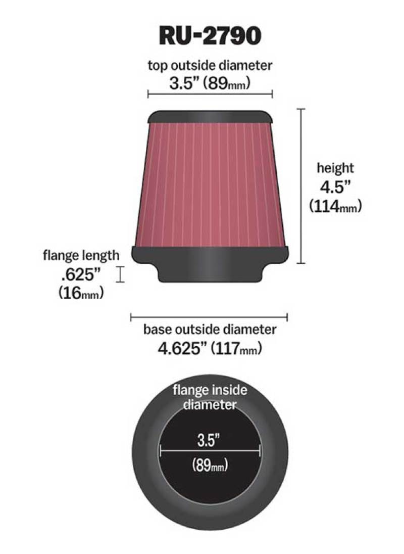 K&N High-Flow Original Universal Rubber Filter 3-1/2"FLG, 4-5/8"B, 3-1/2"T, 4-1/2"H RU-2790