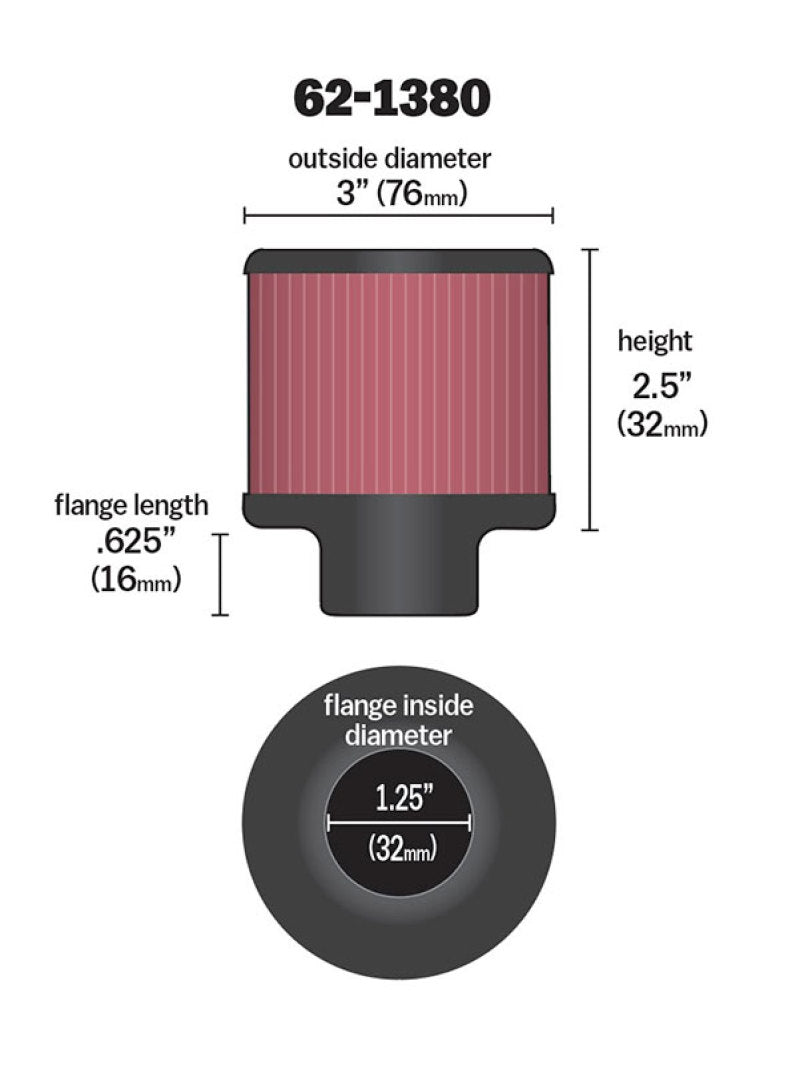 K&N Rubber Base Crankcase Vent/ Breather Air Filter 1.25in Flange ID x 3in OD x 2.5 inch H 62-1380