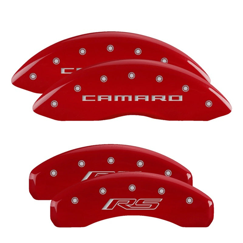 MGP 4 Caliper Covers Engraved Front Gen 5/Camaro Engraved Rear Gen 5/RS Red finish silver ch