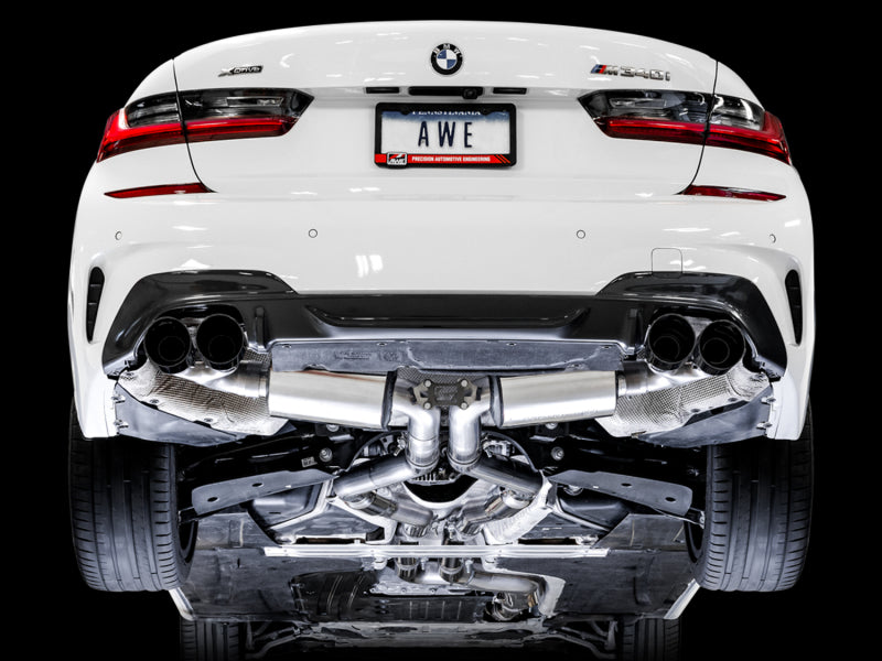 AWE Tuning Resonated Touring Edition Exhaust Quad Diamond Black Tips for 19+ BMW M340i G20 3015-43158