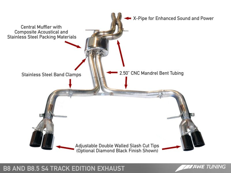 AWE TuningTrack Edition Exhaust - Diamond Black Tips (90mm) for Audi B8 / B8.5 S4 3.0T 3020-43020