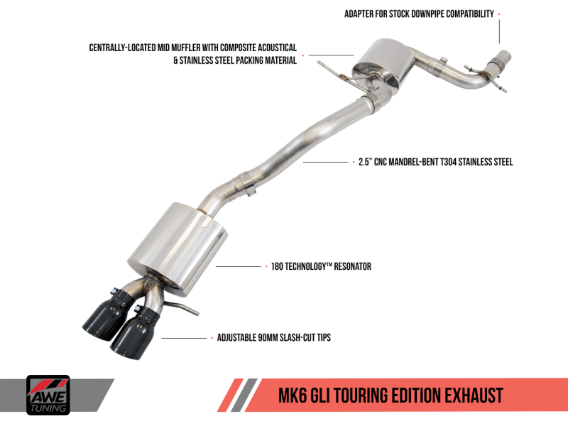 AWE Tuning Touring Edition Exhaust for MK6 GLI 2.0T - MK6 Jetta 1.8T-Polished Silver Tips 3015-22058