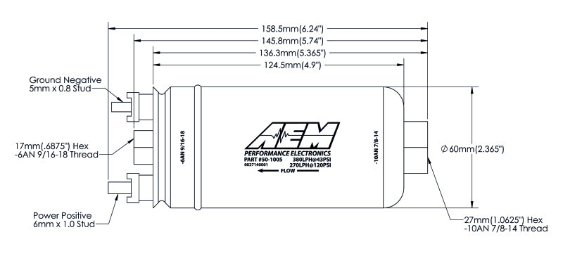 AEM 400LPH High Pressure Flow Fuel Pump -6AN Female Out, -10AN Female Inline - 50-1005