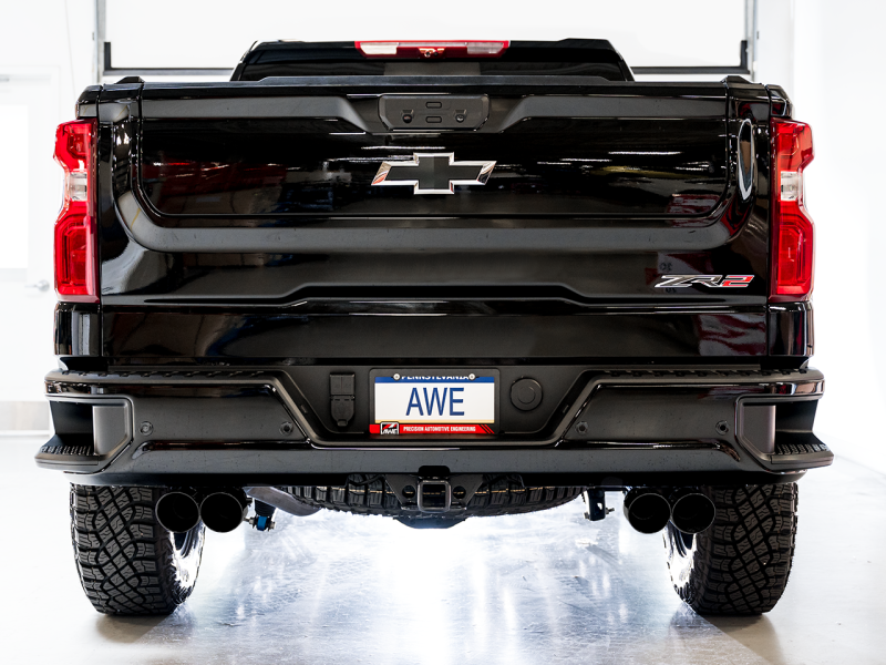 AWE Tuning 0FG Catback Split Dual Flat Bumper Diamond Black Tips for GMC Sierra 1500 AT4X 6.2L 3015-43284