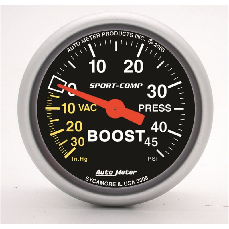 Autometer Sport-Comp 2-1/16" 30 IN HG/45 PSI Mechanical Boost/Vacuum Gauge - 3308