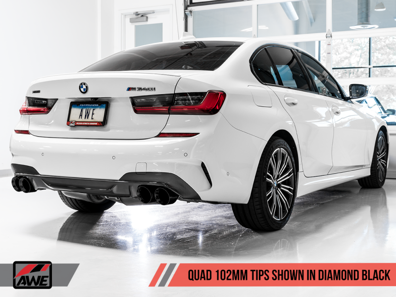 AWE Tuning Resonated Touring Edition Exhaust Quad Diamond Black Tips for 19+ BMW M340i G20 3015-43158