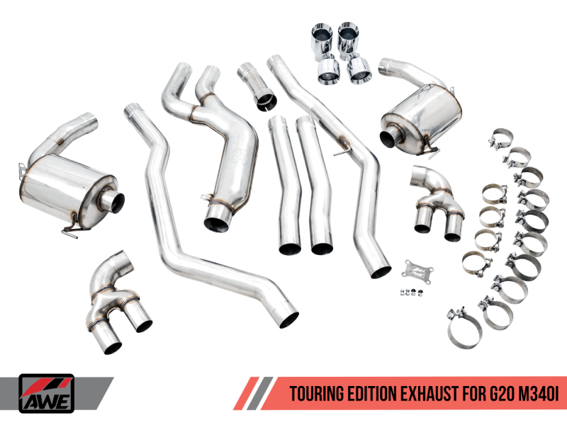 AWE Tuning Non-Resonated Touring Edition Exhaust Quad Chrome Silver Tips for BMW M340i G20 3015-42148