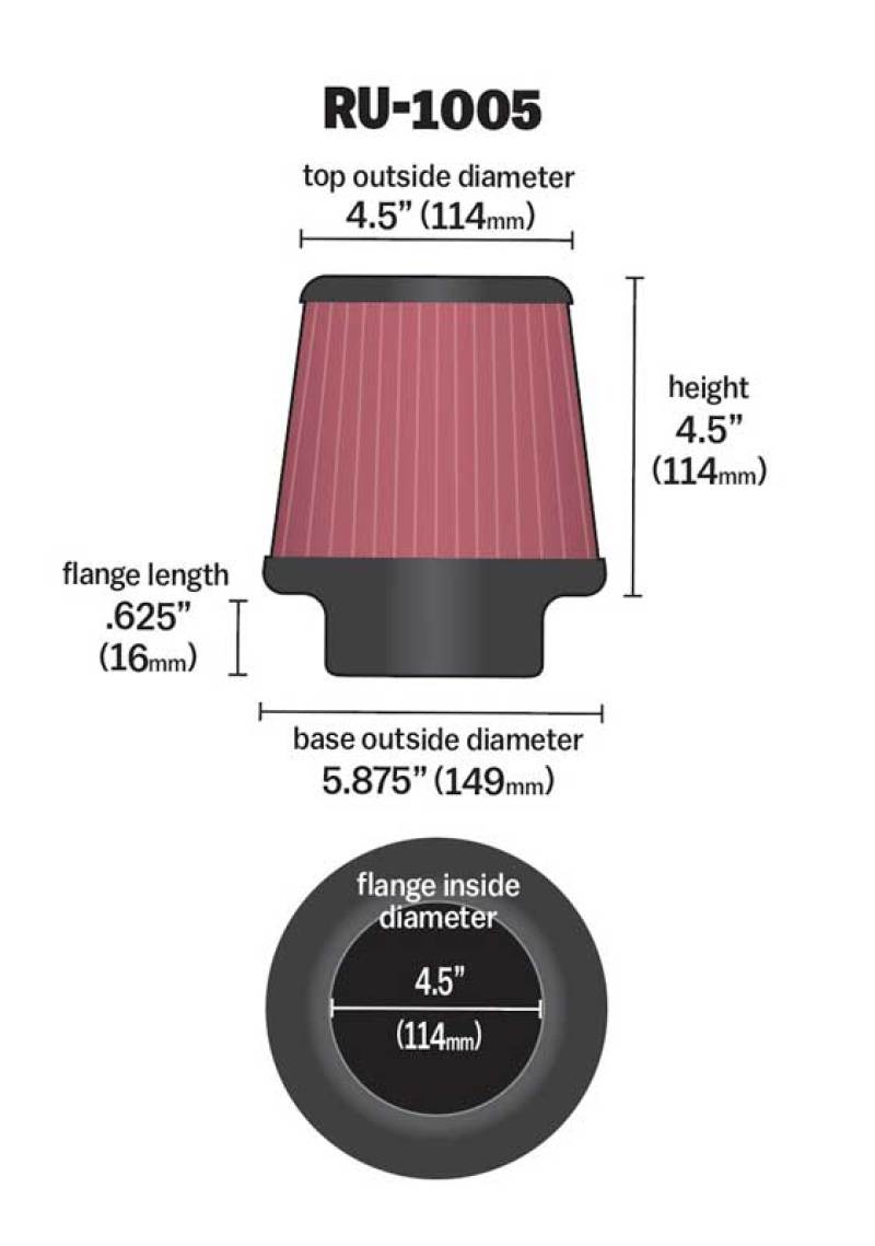 K&N High-Flow Original Universal X Stream Clamp-On 4-1/2"FLG, 5-7/8"B, 4-1/2"T, 4-1/2"H RU-1005