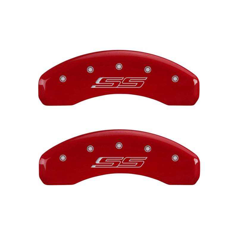 MGP 4 Caliper Covers Engraved Front Gen 5/Camaro Engraved Rear Gen 5/SS Red finish silver ch