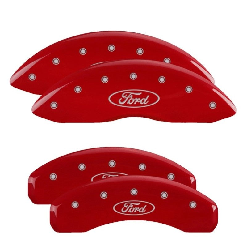 MGP 4 Caliper Covers Engraved Front & Rear Ford Oval Logo Red Finish Silver Char 2021 Ford F-150