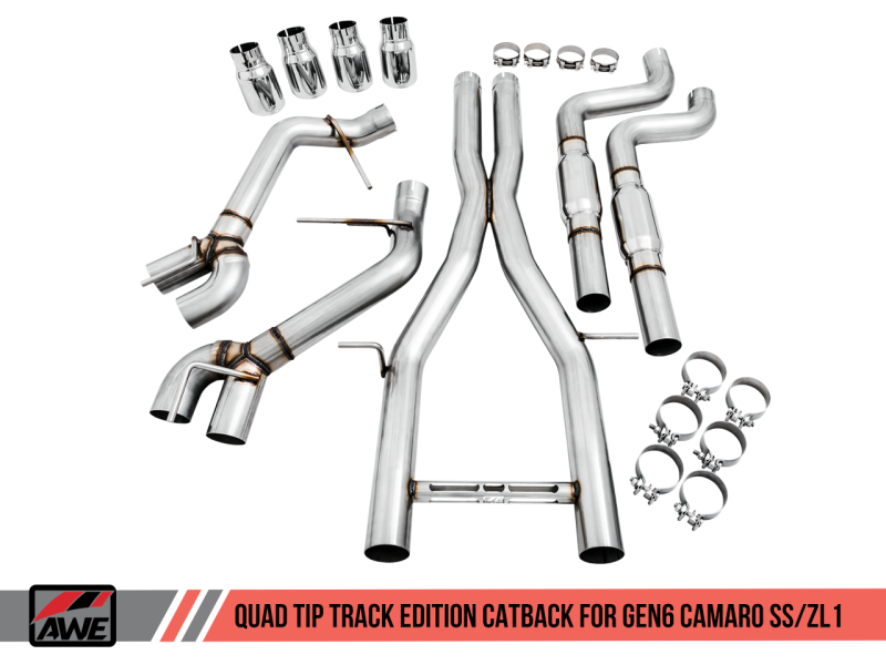 AWE Tuning Non-Res Cat-Back Exhaust Track Edition Quad Chrome Silver Tips for Chevy Camaro SS 3020-42066