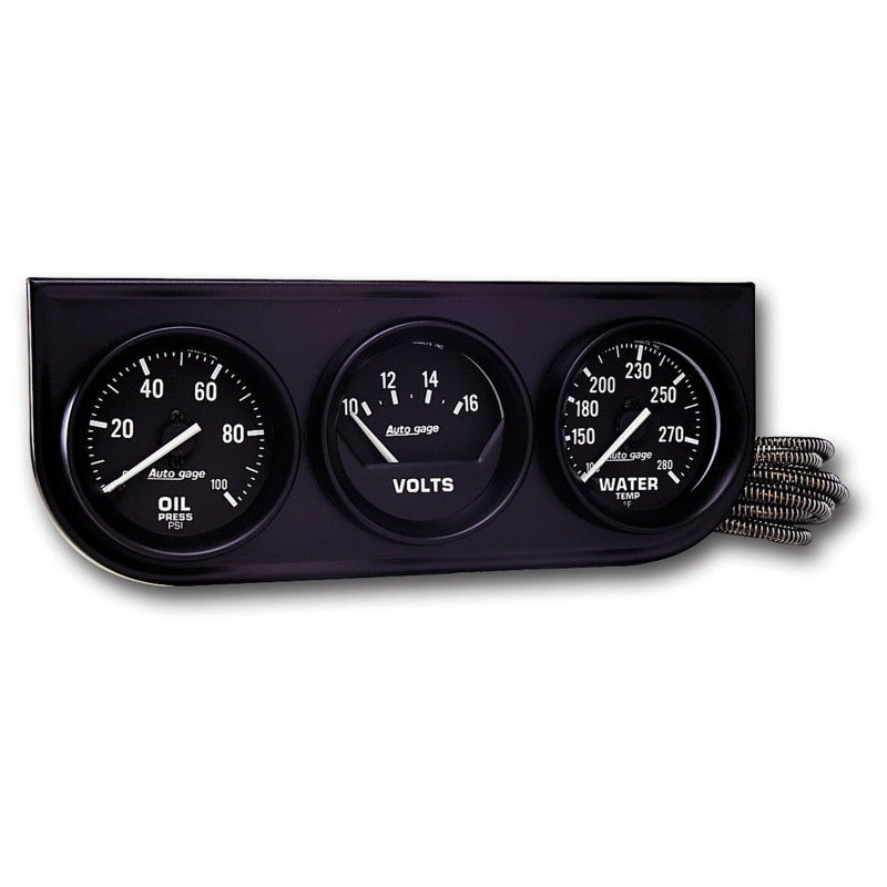 Autometer Triple 2-1/16" Mech Blk Dial AG 100 PSI/280 °F/18V OILP/WTMP/VOLT Gauge Console-2397